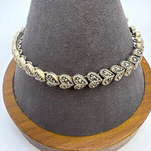 VTG Sterling Silver 925 Marcasite Heart Link Chain Bracelet Size 7.75" Length